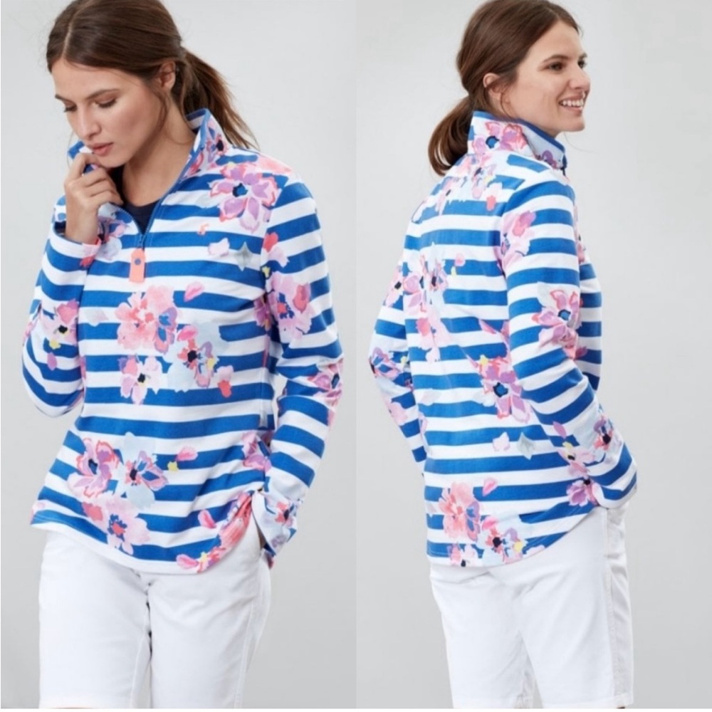 Joules Blue White Striped Floral Half-Zip Sweatshirt